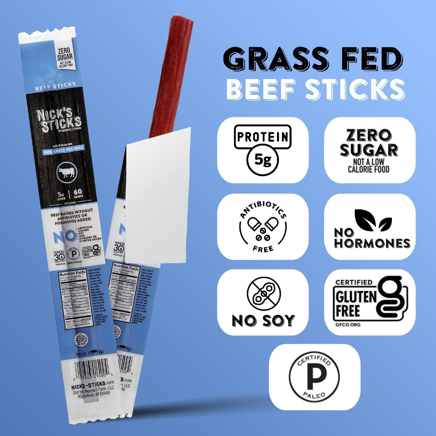 Nick’s Sticks Grass-Fed Beef Snack Sticks, Gluten Free, Keto Certified, Paleo and Whole30 Approved, No MSG, High Protein Low Carb, 12 Pack (0.9 oz Each)