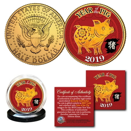 2019 Chinese New YEAR OF THE PIG 24K Gold Plated JFK Kennedy Half Dollar US