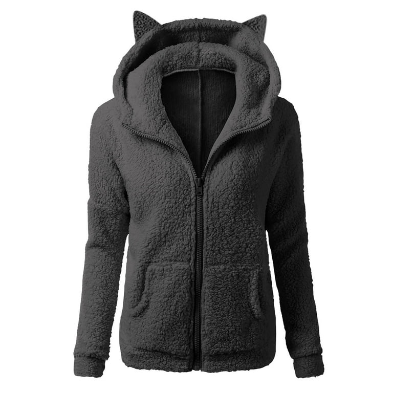 Cute Sherpa Fleece Hoodie Jacket Women Full Zip Cat Ears Long Sleeve Plush Faux Shearling Plain Hooded Sweatshirt Small Black Ears Walmart