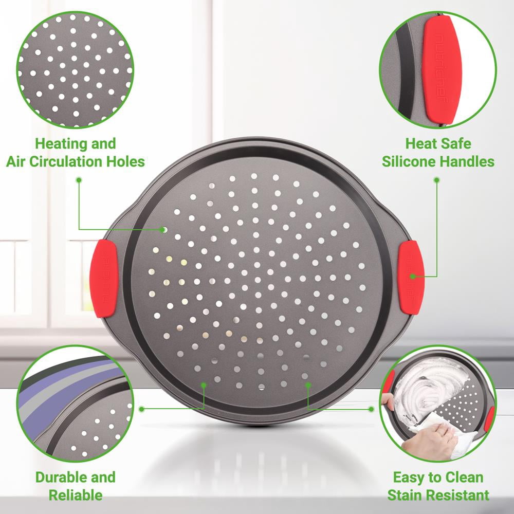 3 Piece Pizza Tray Set with Silicone Handle - Round Steel Non-stick Pan with Perforated Holes (Gray Coating)