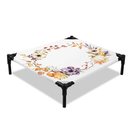 Fall Elevated Dog Bed Watercolor Thanksgiving Pumpkin Floral Leaves Wreath Cooling Breathable Outdoor Raised Dog Cot Bed with Metal Frame Non-Slip Feet for Small Dog 20x20in