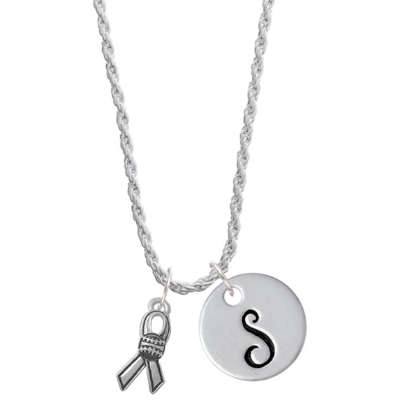 Delight Jewelry Silvertone Ribbon with Softball Silvertone Script Initial Disc - S - Charm Necklace, 20"+3"