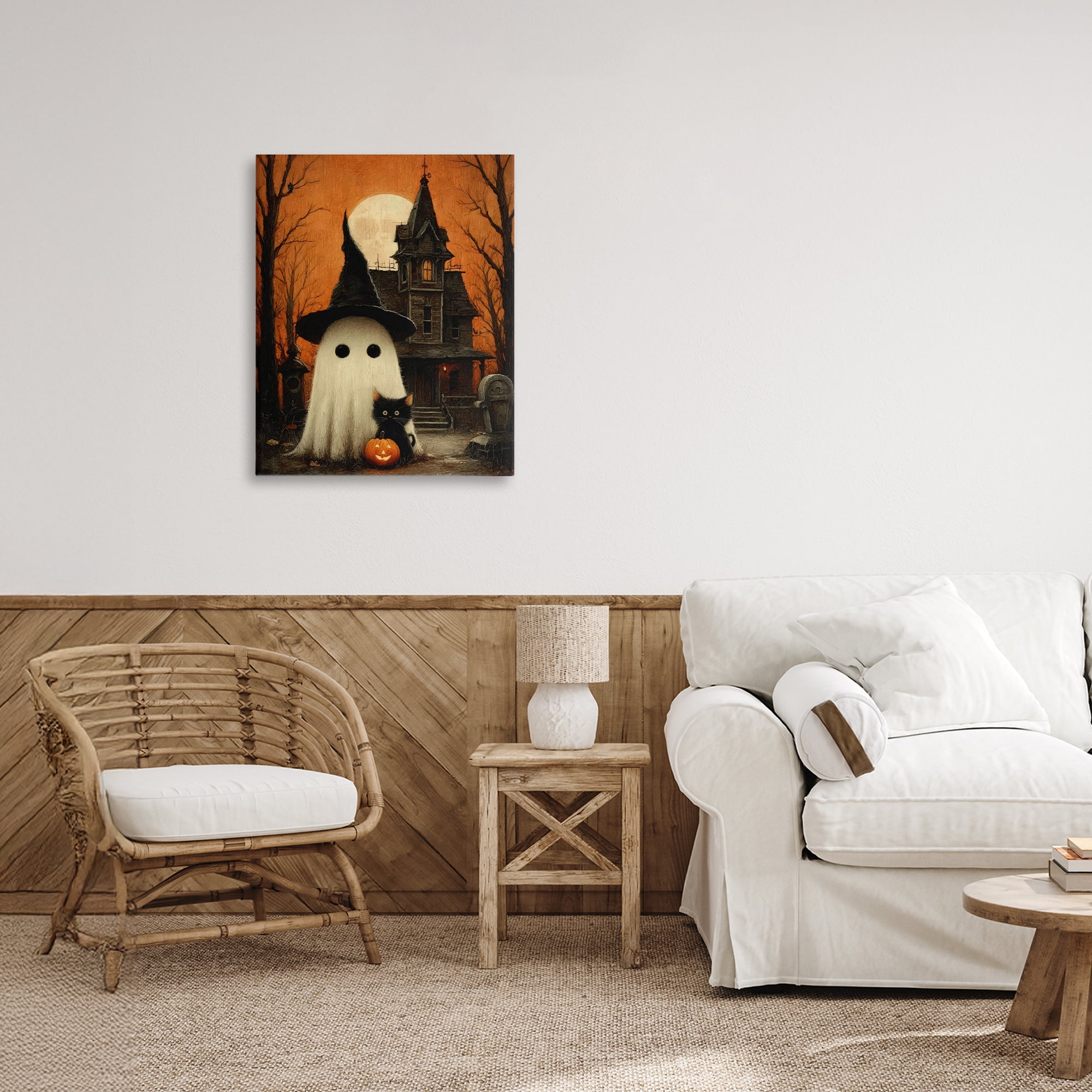 Cute Ghost & Haunted House Canvas Wall Art, design by Arlington Prints