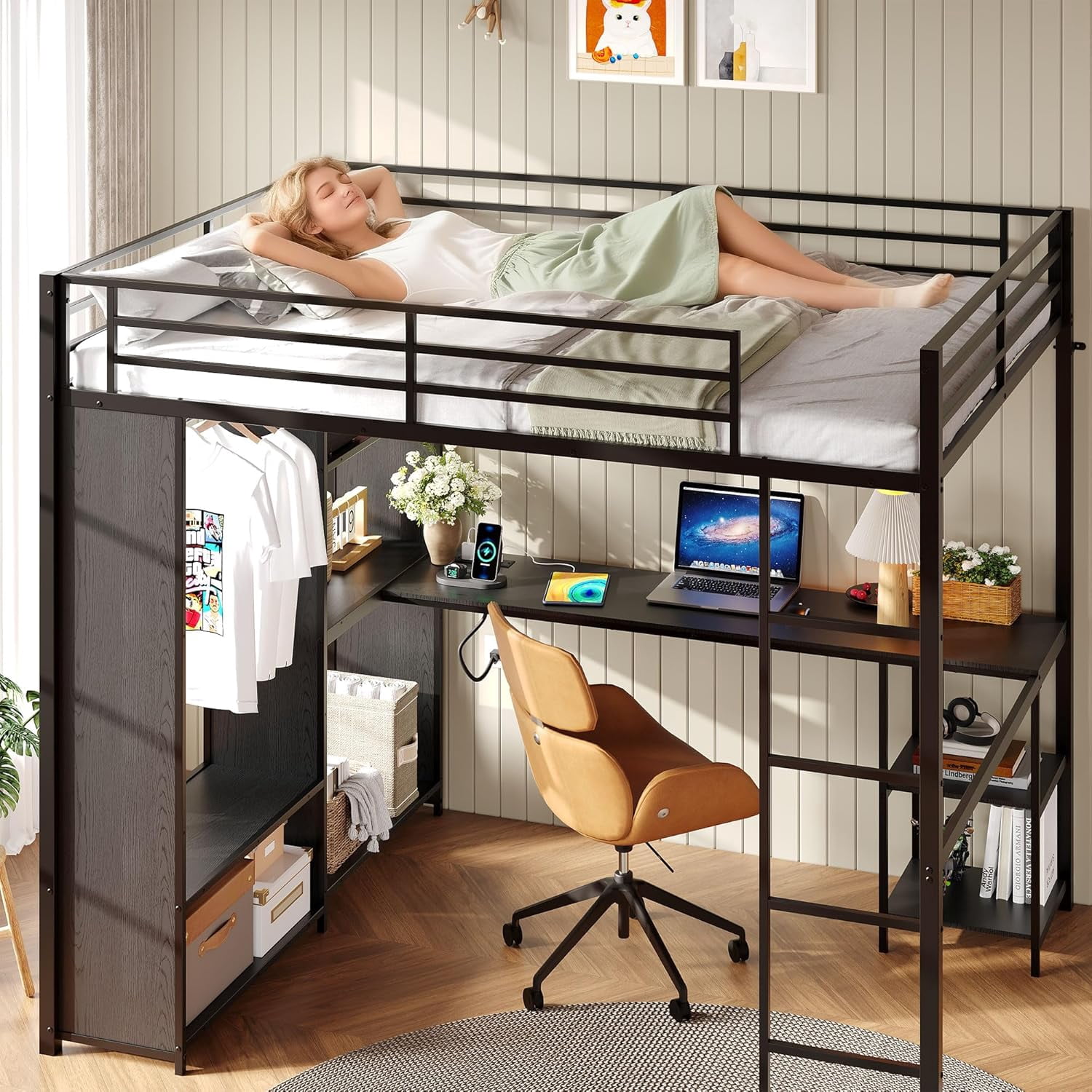 Rugerasy Queen Size Metal Loft Bed with Desk and Storage Shelves,Heavy Duty Bedframe with Wardrobe,Hanging Rod,Guardrail and Ladder,Black