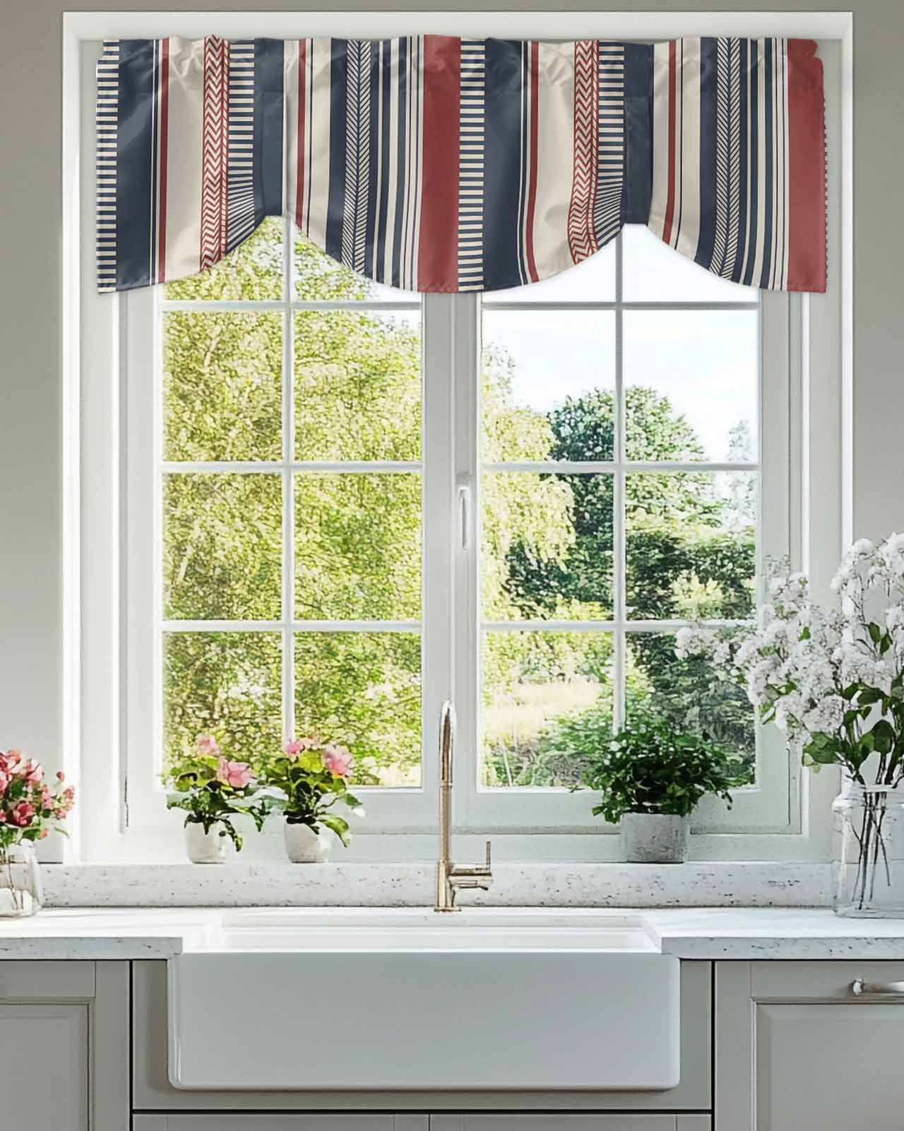Vintage Stripes Tie Up Valances Curtain, Navy Red Beige Striped Retro Lines Kitchen Valances for Windows Decor, Rod Pocket Short Curtains Set for Bedroom/Bathroom, 60"x18"