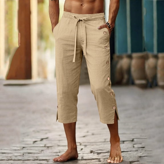 Yaoyar Linen Pirate Pants for Men Summer Lightweight 3/4 Pants Vacation Beach Trousers Side-Button Closure Joggers