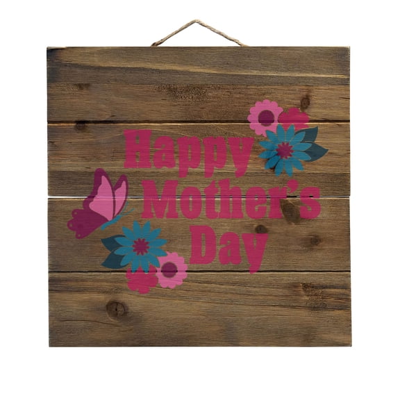 Happy Mother's Day - Flowers Butterfly - Decorative REAL WOOD Wall Art - Faux Pallet Look