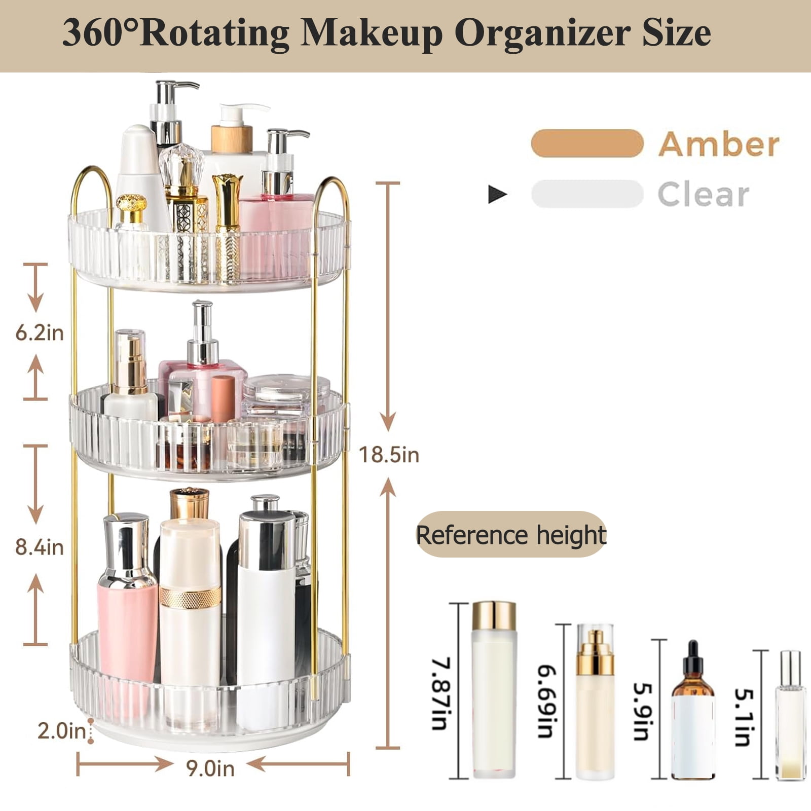 Kisportee 360° Rotating Makeup Organizer for Vanity, 3 Tier Large Skincare Make Up Storage Perfume Organizers for Bathroom Counter, Clear Cosmetic Dresser Lipstick Spinning Holder