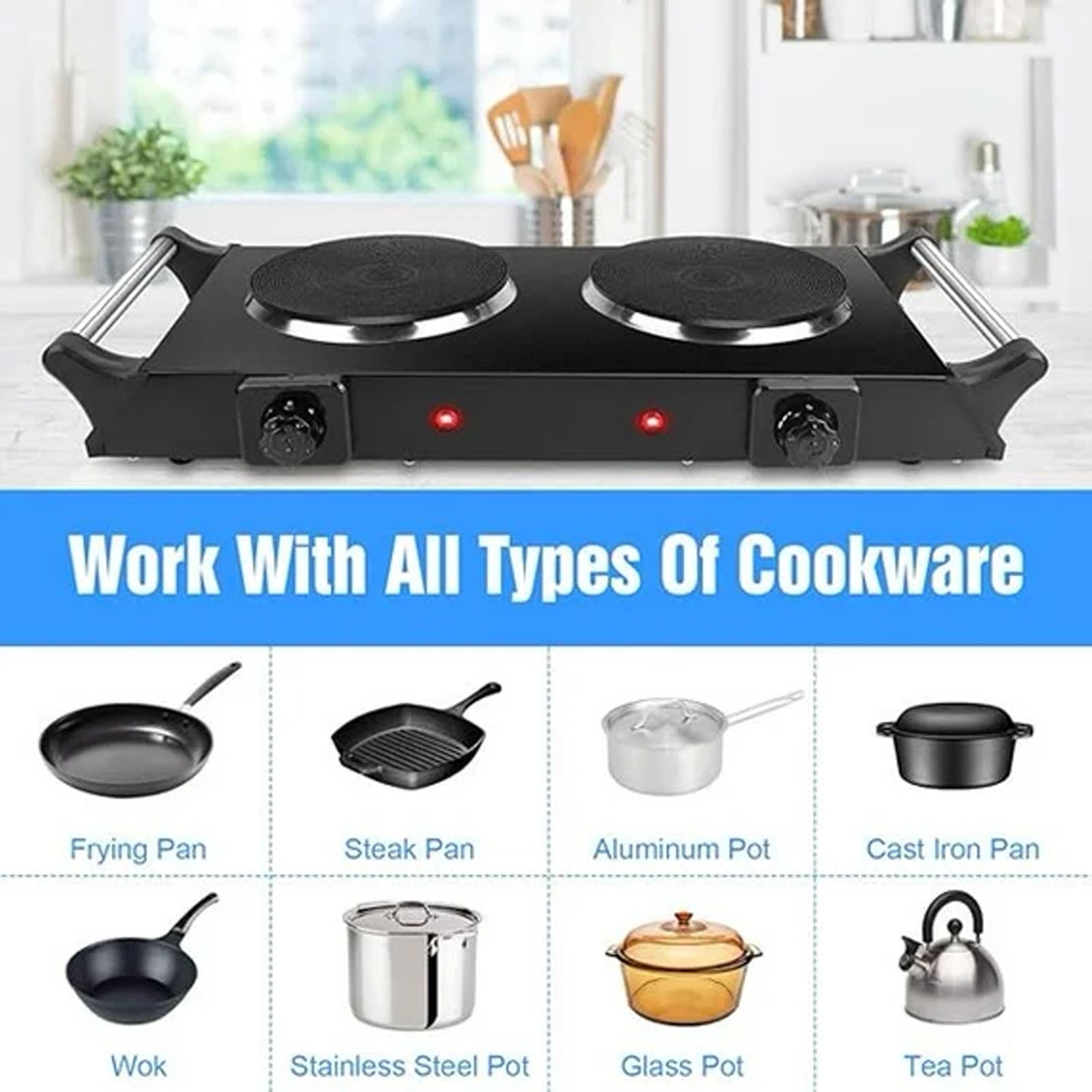 2000W Double Countertop Burner, Portable Electric Hot Plate and Stove with 5 Temperature Controls, Lightweight Burner Cooktop for Kitchen, Dorms, Apartments, RV, Black