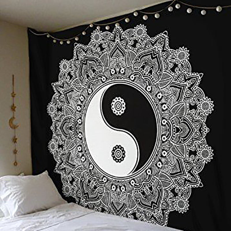 NEW Black White Handmade Rectangle Hippie Mandala Lotus Flower Hanging Tapestry