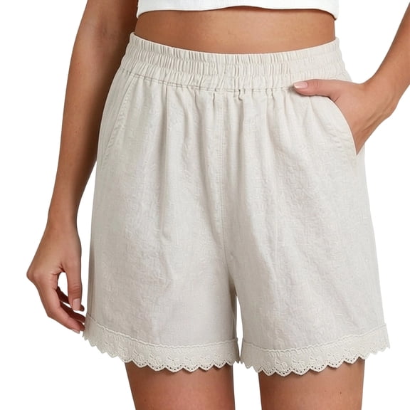 Cmfcve Summer Shorts for Women Scalloped Eyelet Lace Hem Elastic High Waist Casual Loose Fit Shorts