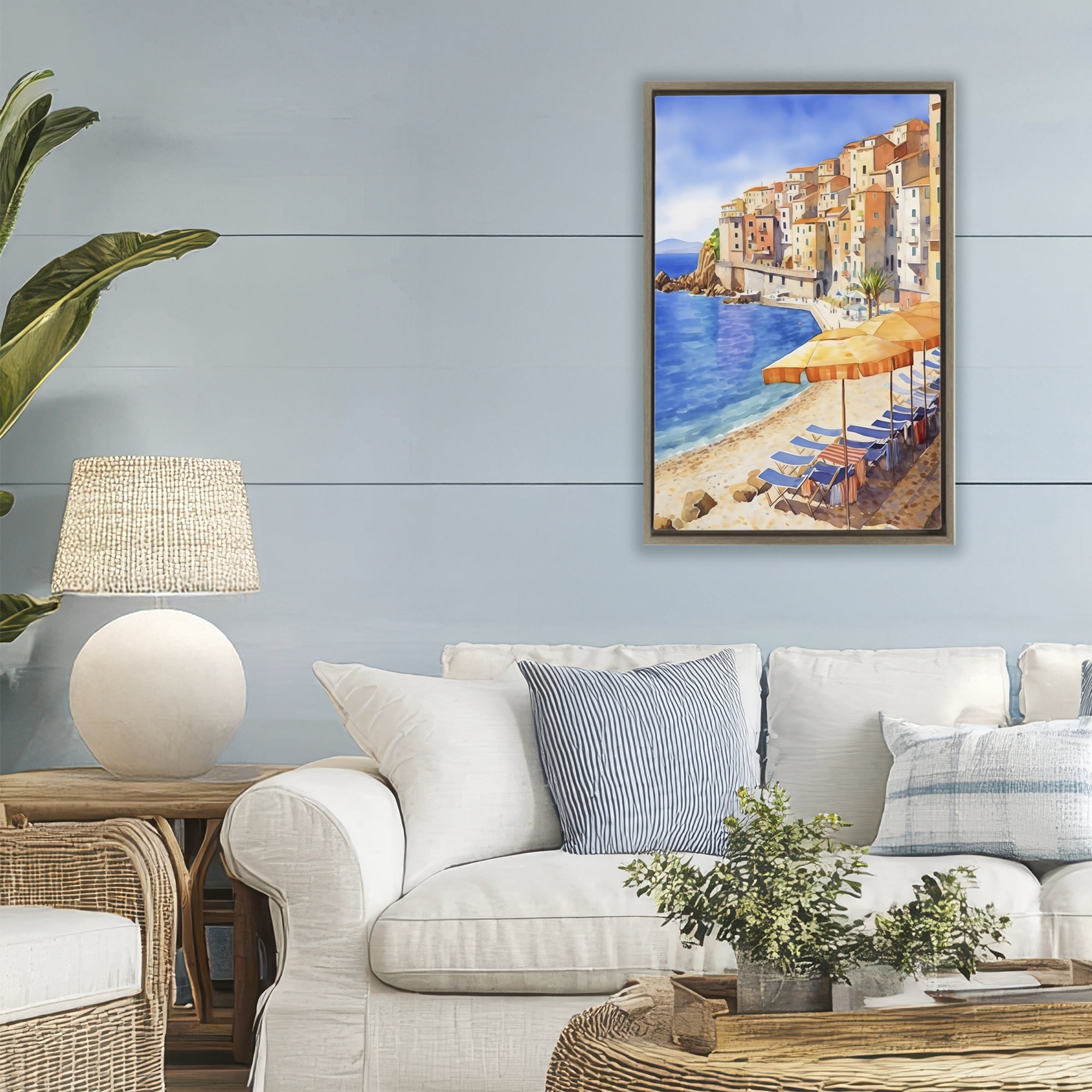 Stupell Industries Beach Lounging on Mediterranean Shore Brown Framed Floater Canvas Wall Art, design by Creative Studio