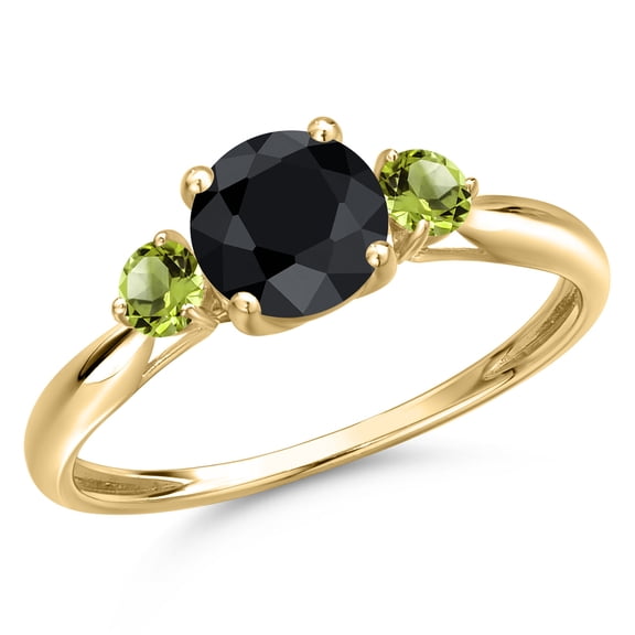 Gem Stone King 10K Yellow Gold Black Sapphire and Green Peridot 3-Stone Ring for Women | 1.39 Cttw | Round 6MM | Gemstone September Birthstone | Size 9