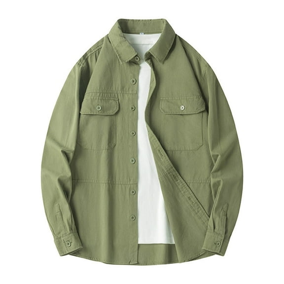 Cotton Cargo Shirts for Men with Pockets Plus Size M-4XL Long Sleeve Shackets Tshirts Big & Tall Button-Down Collared Solid Casual Tops