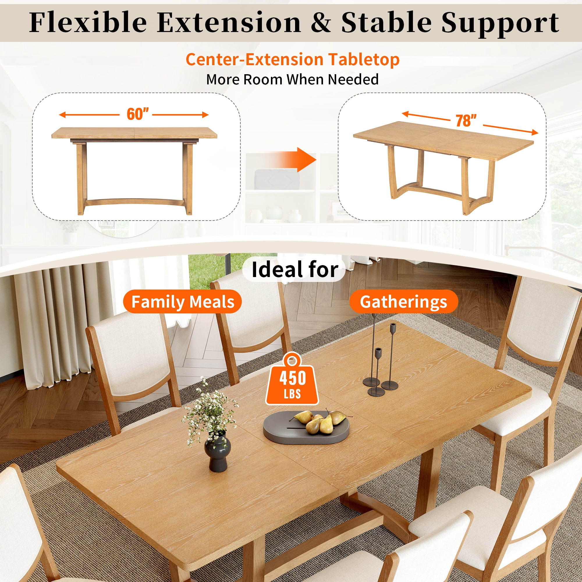 7-Piece Dining Table Set for 6, 60"-78" Rectangular Extendable Table with 6 Upholstered Chairs