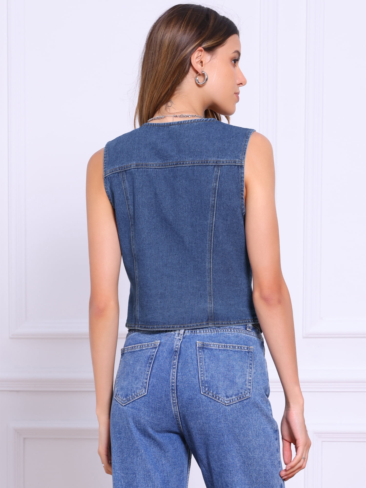 DARING DIVA Women's V Neck Western Waistcoat Sleeveless Jean Jacket S Dark Blue