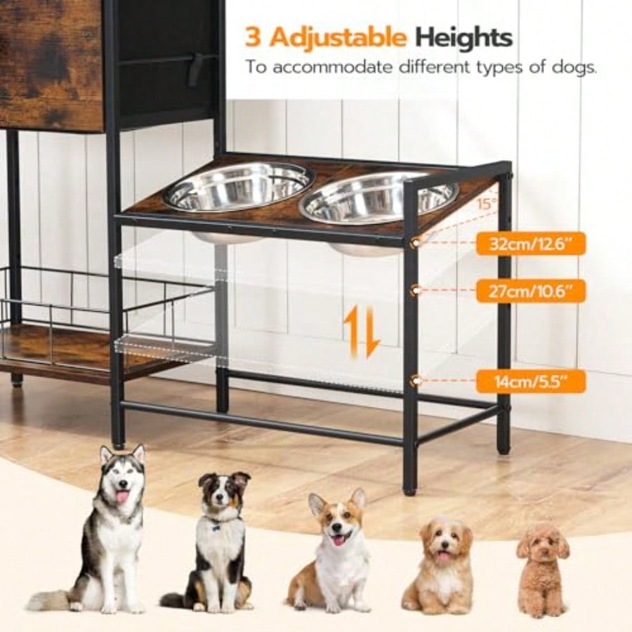 Raised Dog Bowls Elevated Dog Bowl Stand With 3 Heights Adjustable 2 Stainless Steel Bowls For Large Medium Breeds Dogs Feeding Station With Storage Rustic Brown And Black BF22PO03