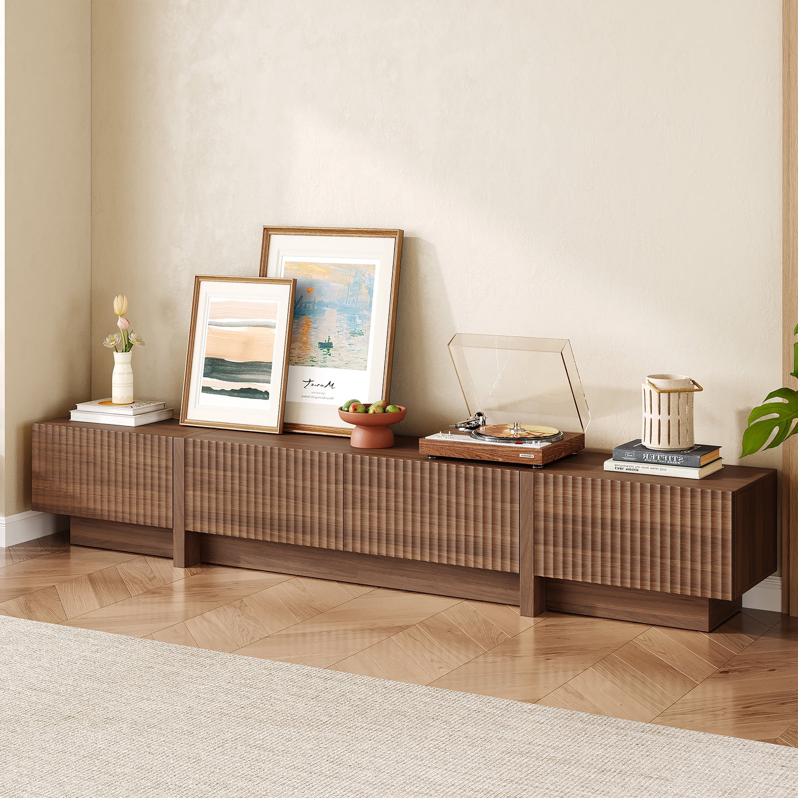 98" Walnut Modern TV Stand, Large Entertainment Center with Drawers & Storage Compartments, Fits 55"-95" TVs for Living Room