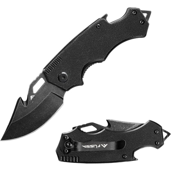 FLISSA Mini Folding Pocket Knife, 2.5-inch Stainless Steel Drop Point Blade, EDC Pocket Knives for Men with Bottle Opener and Glass Breaker (Stonewash), Black