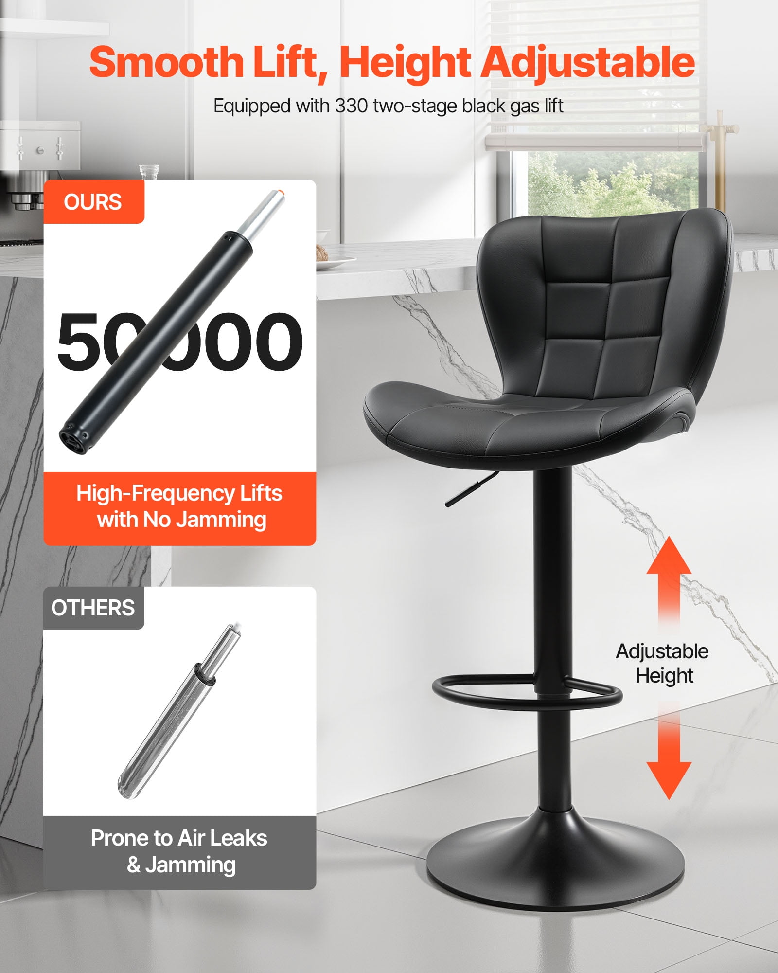 VEVOR Bar Stool Set of 4,Modern PU Leather Counter Height Stools,Swivel Kitchen Barstool with Back and Footrest, Height Adjustable Armless Bar Chair, Island Barstools for Kitchen, Dining Room, Black