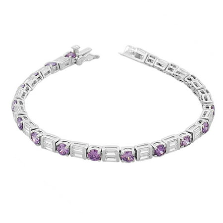 Baguette Tennis Bracelet - 925 Sterling Silver Round Baguette White Multicolor CZ Classic Tennis Bracelet