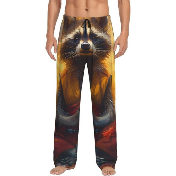 Hirioo Sunset Flower Meditating Raccoon for Men's PJ Pajama Pants Sleep Pants Men's Home Trousers with Pockets,S-3XL-Medium