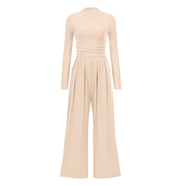 Mono Enterizo PRETTYGARDEN Mujer Cuello Simulado Manga Larga Beige Talla L