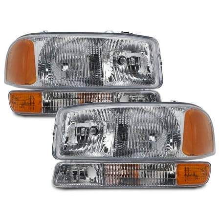 - 1999-2006 GMC Sierra/2000-2006 Yukon 4-Piece Headlights Driver Left Passenger Right Headlamps Pair Assembly GM2502188 & GM2503188