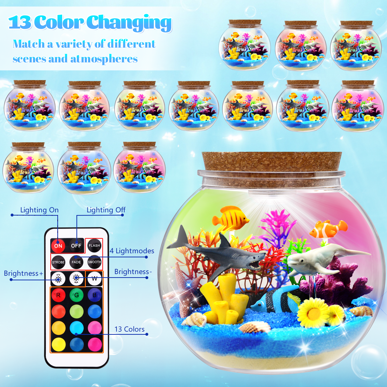 Ocean Light Up Terrarium Craft Kit for Kids - LED Night Light Birthday Gift for Boys & Girls Ages 4 5 6 7 8-12, Ocean Themed Toys for Kids