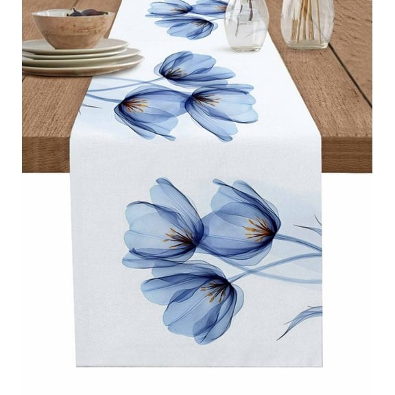 Light Blue Tulip Table Runner Cotton Linen 108 Inch Holiday Dresser Scarves, Elegant Modern Rustic Botanical Floral Tablerunner for Kitchen Coffee Dining Bedroom Dinner Scarf Décor 13''x108''