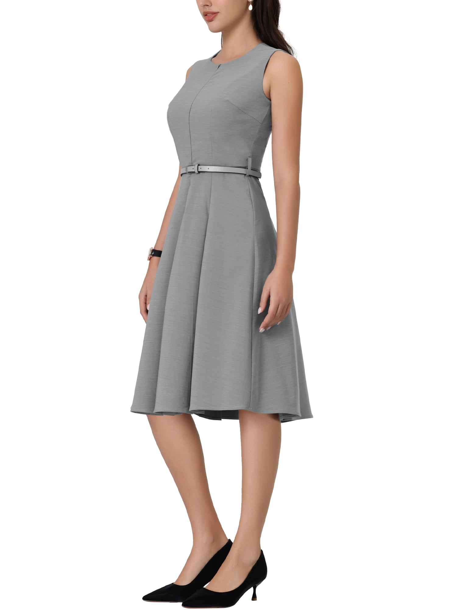 Unique Bargains Women's Sleeveless Dress Zip Up Belted Fit & Flare Work Dresses L Gray