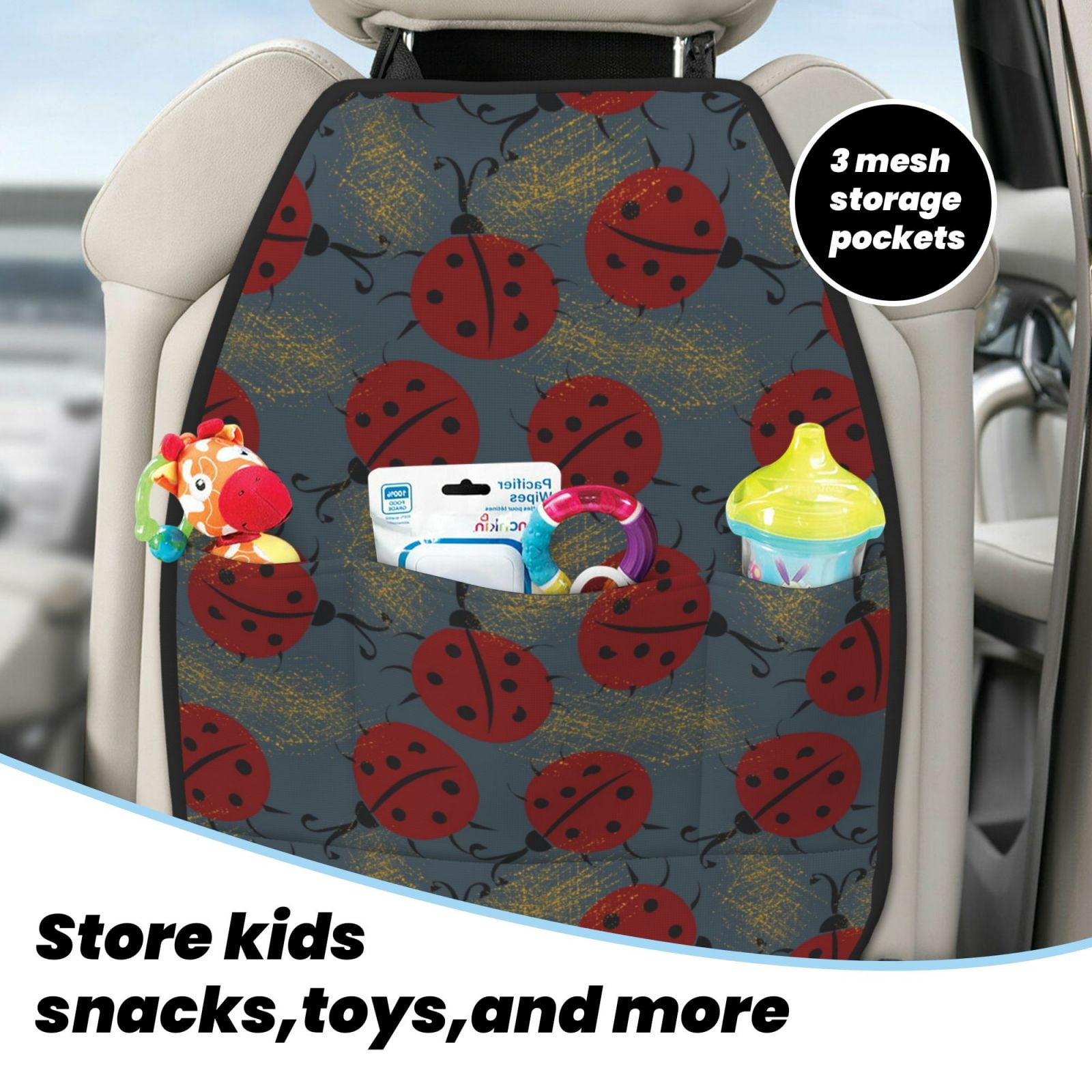 Naloa Ladybug 2Pcs Anti-Kick Back Seat Cover Kick Mat, Car Seat Protector with 3 Storage Pockets