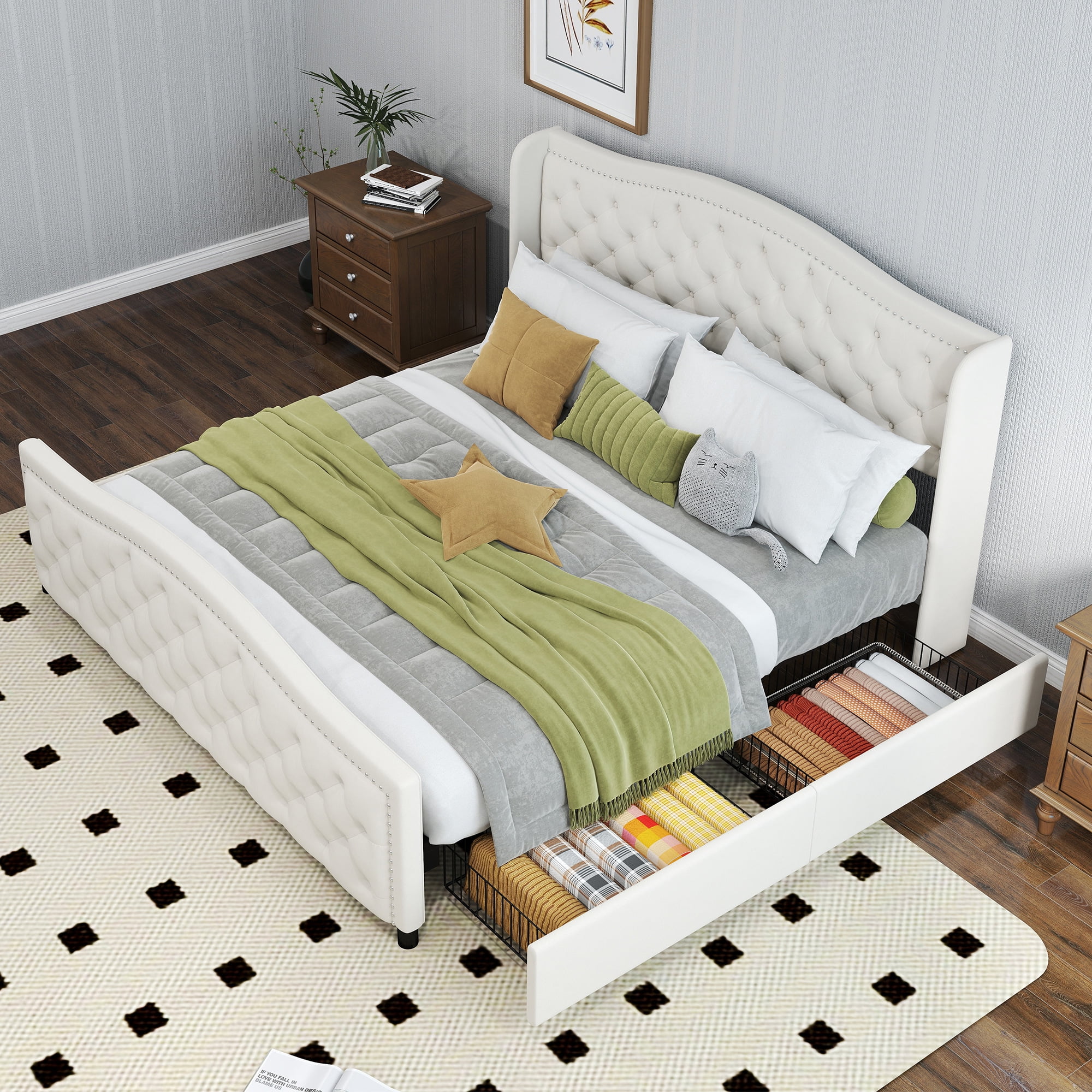 Bonzy Home King Size Bed Frame with Storage Velvet Upholstered Sleigh Bed with Headboard Button Tufted Easy Assembly Luxury