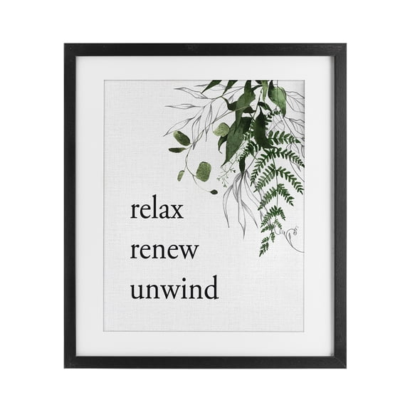 Relax Renew Unwind with Foliage Black Framed Print Under Glass, design by Lettered and Lined