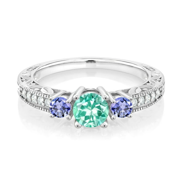 Gem Stone King 925 Sterling Silver Blue Apatite and Blue Tanzanite 3-Stone Enagagement Ring for Women | 0.93 Cttw | Gemstone Birthstone | Size 5,6,7,8,9