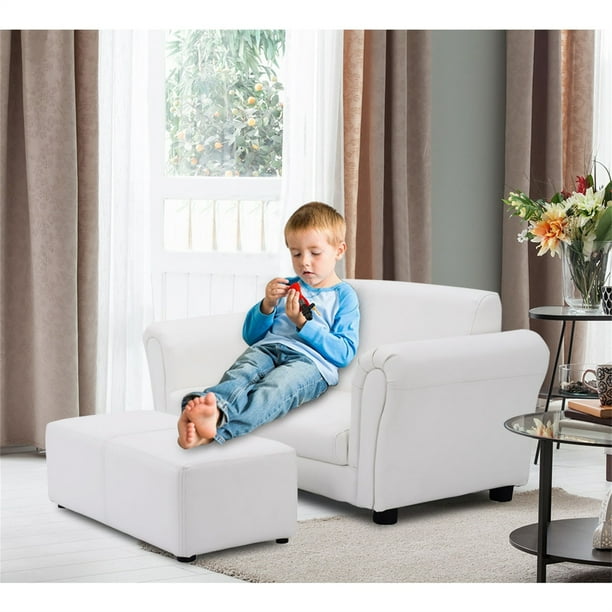 Costway Sofá para Niño con Taburete Sillón Infantil Asiento con Reposapiés 83 x 42 x 41cm Blanco