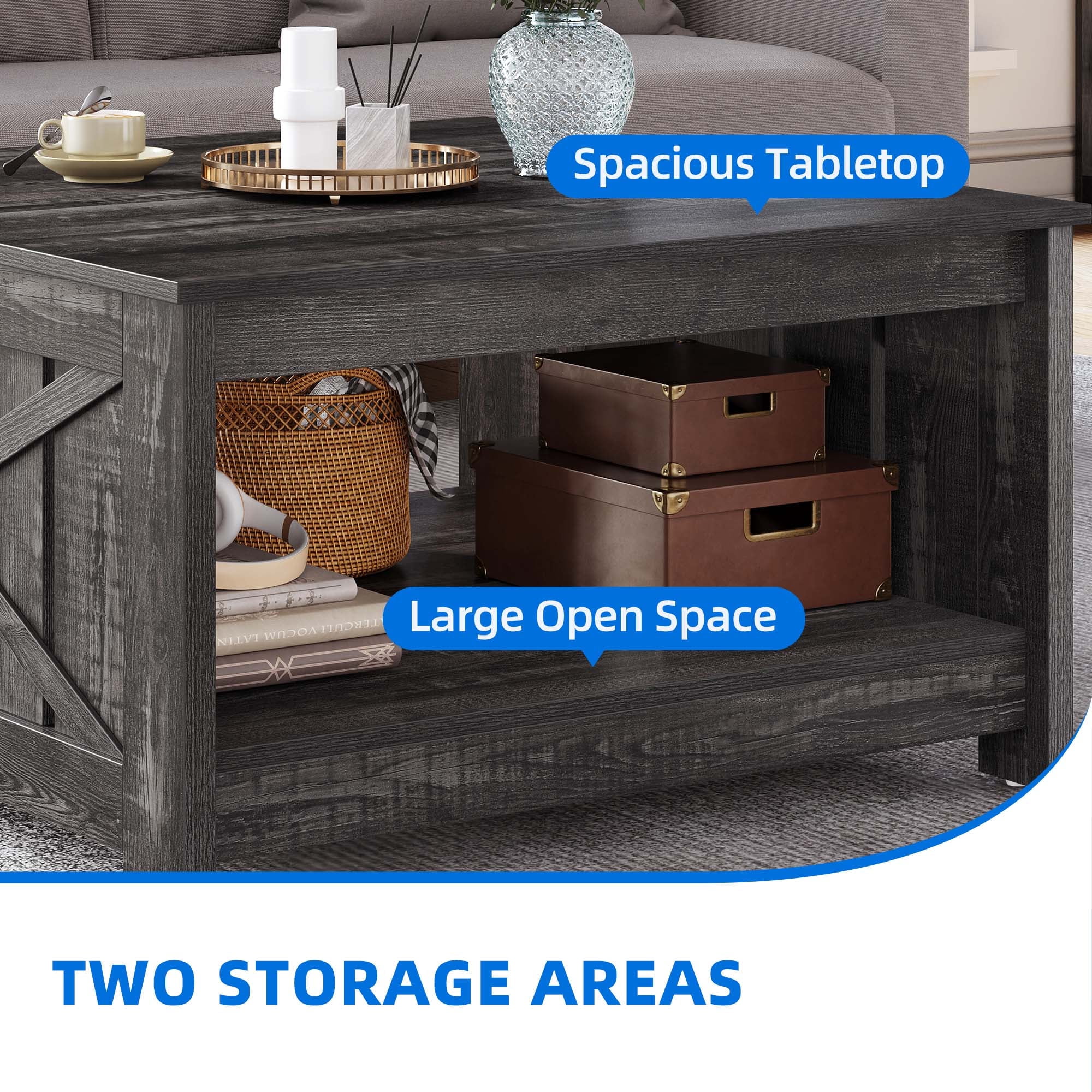 Dextrus Coffee Table with Storage, Square Wood Farmhouse Coffee Table with Barn Door for Living Room, Dark Gray