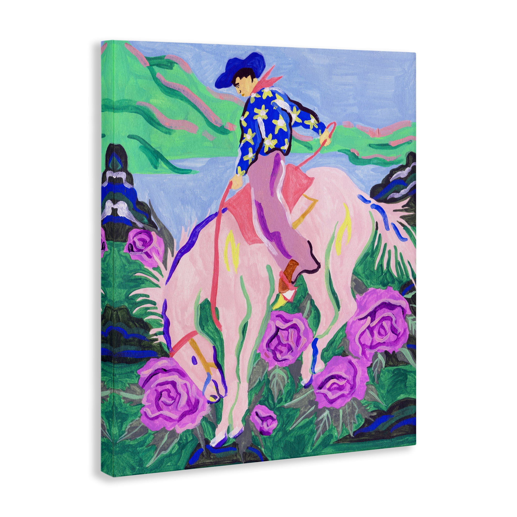 Stupell Industries Bright Cowboy & Blooms Animals Painting Wrapped Canvas Art Print Wall Art, 16 x 20