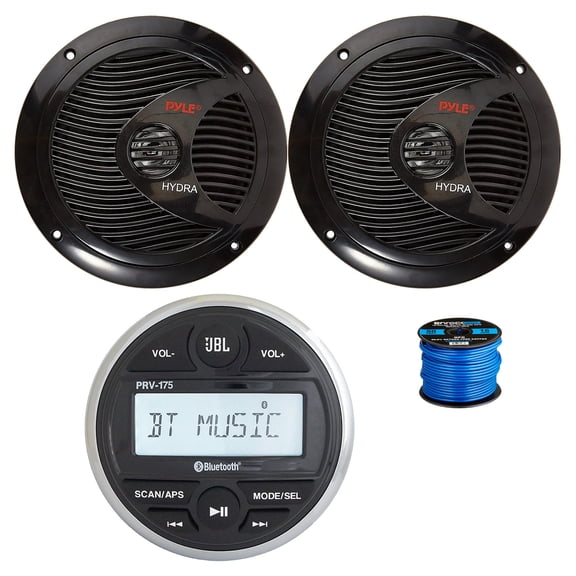 JBL PRV-175 Marine Gauge Mount USB Bluetooth AM/FM Digital Stereo Receiver, 2x 6.5" 150 Watt 2-Way Dual Cone Full Range Audio Speakers (Black) w/ Wire