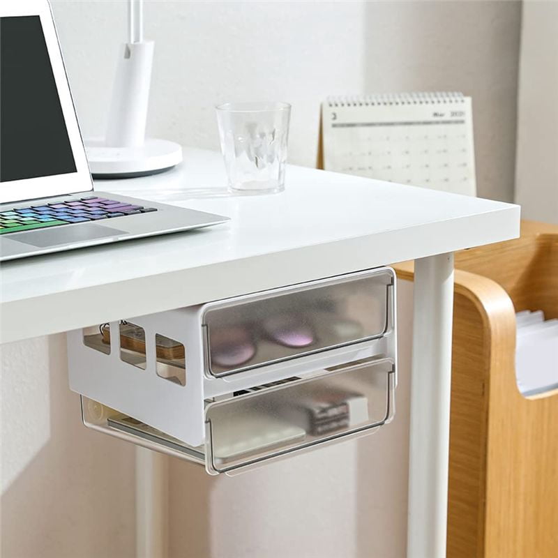 Under Desk Storage Drawer Slide Out, Self-Adhesive Organizer, Attachable Drawer Organizer with 2 Layers White