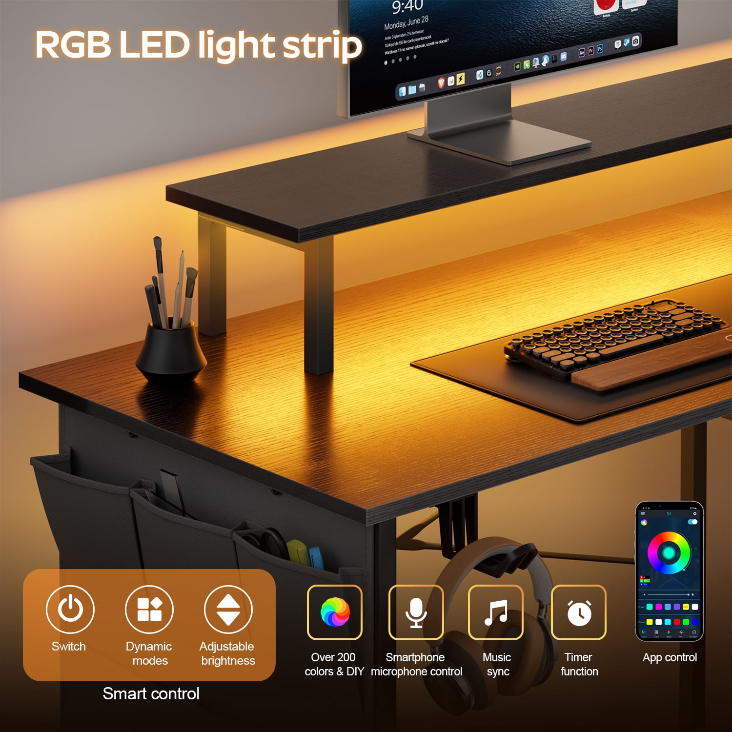HLDIRECT 43 Inch L Shaped Computer Desk with Power Outlet, Gaming Corner Desk with LED Lights, Home Office Table with Storage Shelves & Monitor Stand, Black