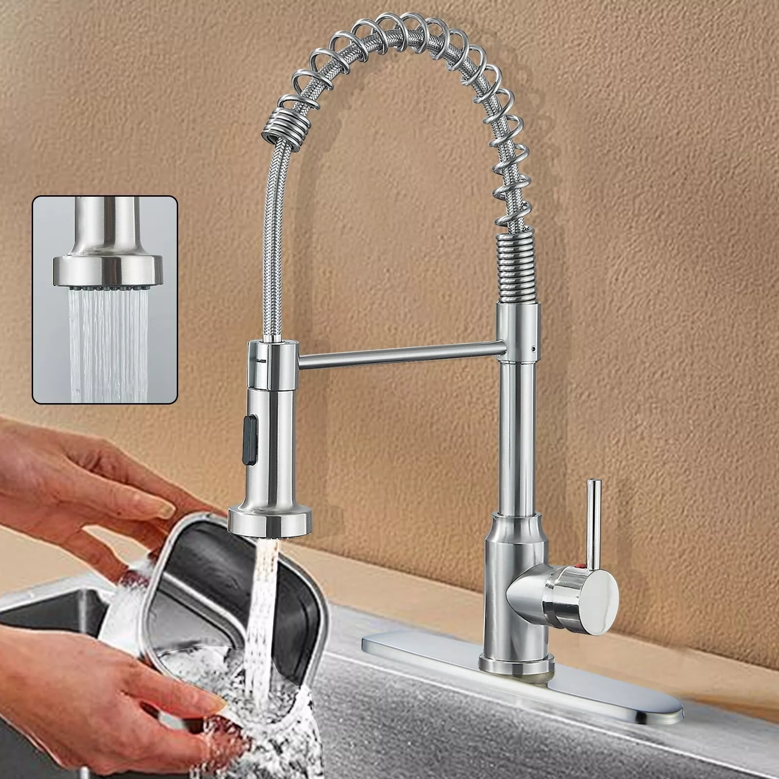 Brushed Nickel Kitchen Faucet with Pull Down Sprayer Single Handle Sink Faucet