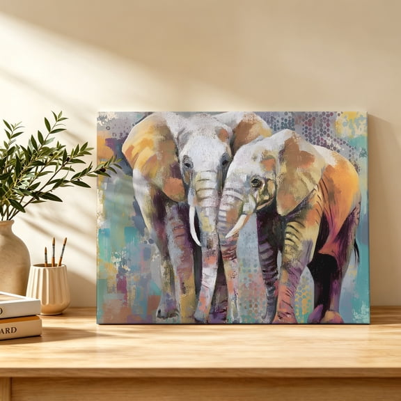 Elephants Canvas Wall Art, Animal Abstract Splatters Bohemian Wall Art Prints Artwork Framed Canvas Ready to Hang Art Pictures for Study Living Dining Room Bedroom 20" x 16"
