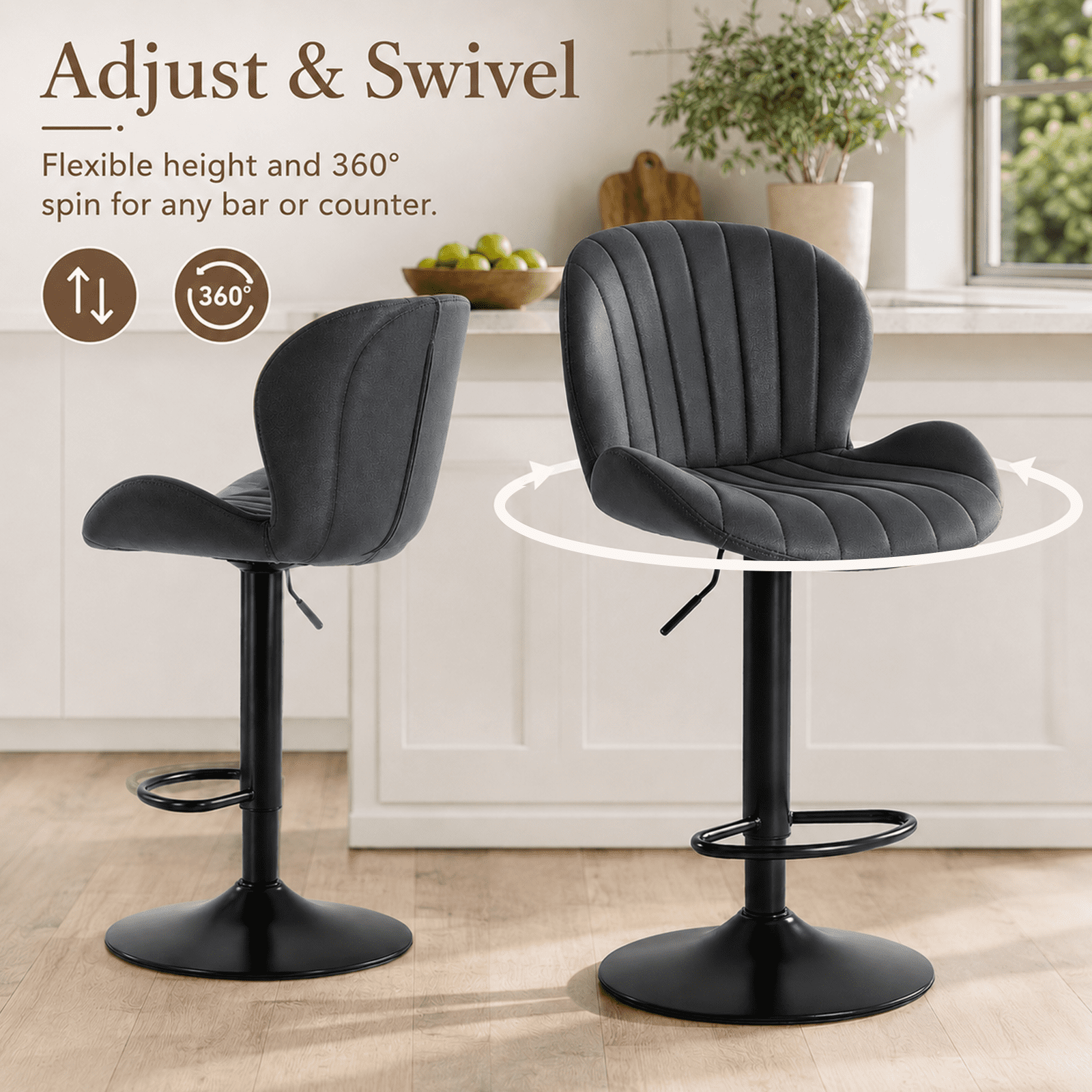 Alvantor Bar Stools Set of 2, Adjustable Swivel Barstools, Fabric Upholstered Barstools Counter Height with Backrest for Bar and Kitchen Island
