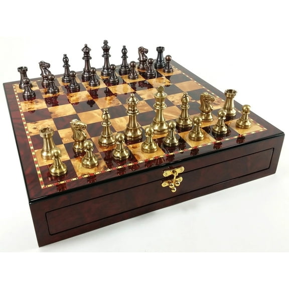 Brass Metal Antique Bronze Color Staunton Chess Set W Cherry Color Storage Board