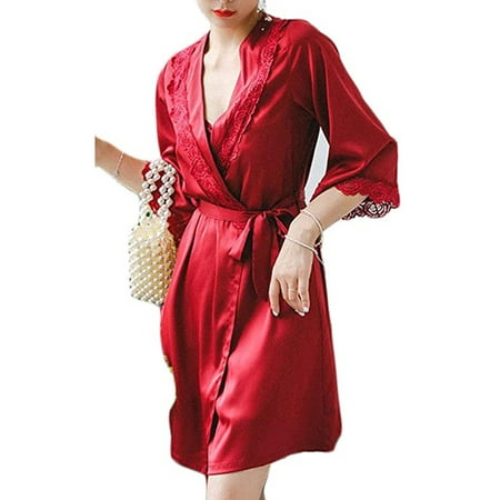 

Pudcoco Women Silk Lace Bath Robe Babydoll Nightdress Sleepwear Kimono