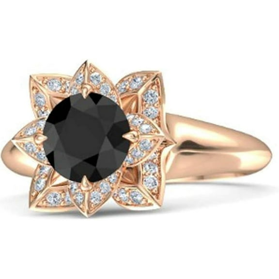 Elegant Lotus Flower Round Cut Black Diamond Wedding Engagement Ring For Women In 925 Sterling Silver 14K Rose Gold Plating