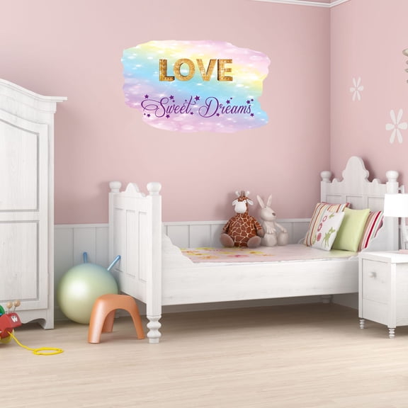 Watercolor Decal LOVE Sweet Dreams Bedroom Wall Decal for Children Colorful Background Metal With Bolts Art Cute Themed Room Décor - Size: 10 In x 6 In