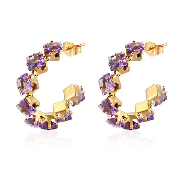 Nvzi Pendientes de acero inoxidable con circonita cúbica, pendientes sencillos y modernos de acero de titanio con diamantes de imitación de arcoíris (morado)