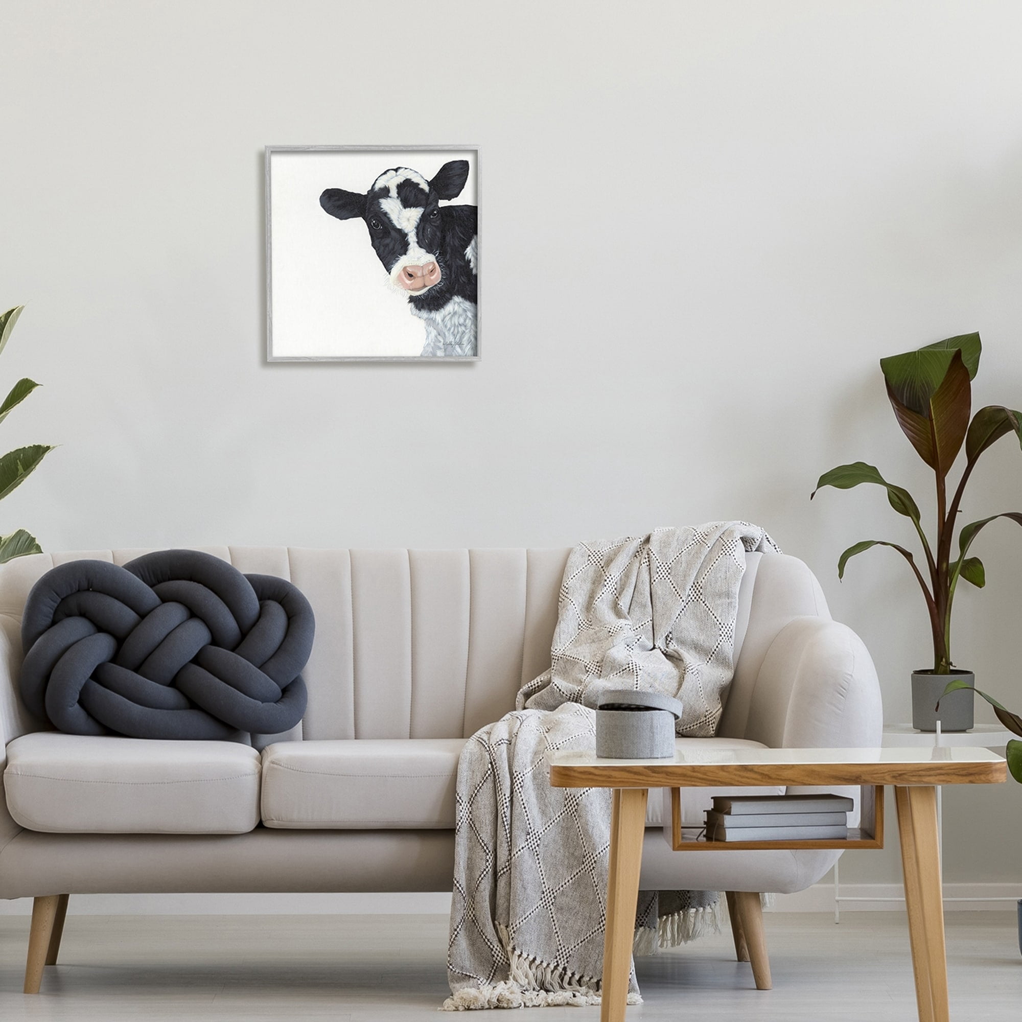 Stupell Industries Black White Minimal Design Calf Cow Cattle Painting, 17 x 17, Design by Ashley Justice